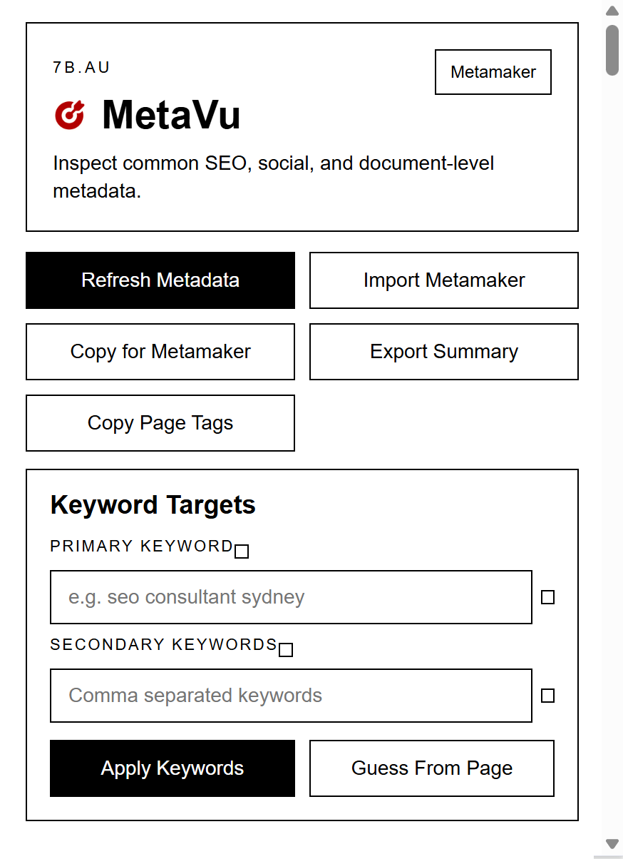 MetaVu Chrome extension screenshot showing metadata audit sections and previews.