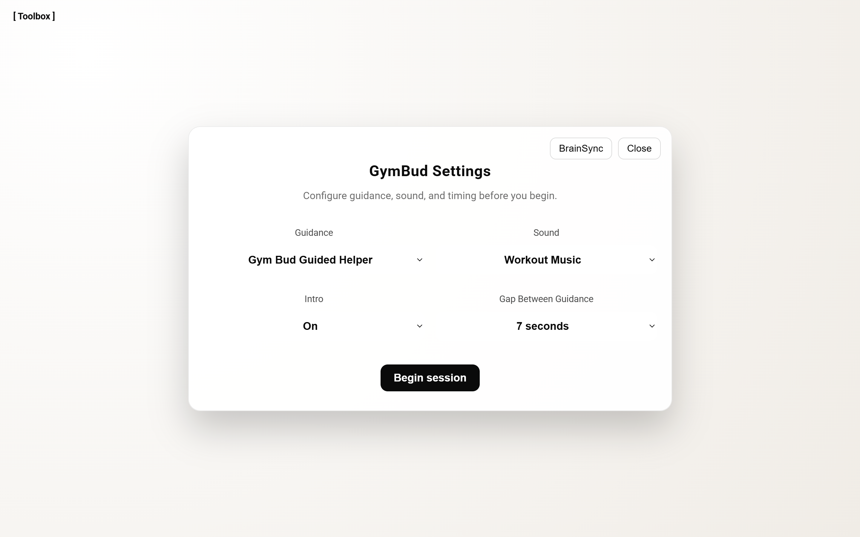 GymBud settings screen for guidance, sound, intro, and prompt gap